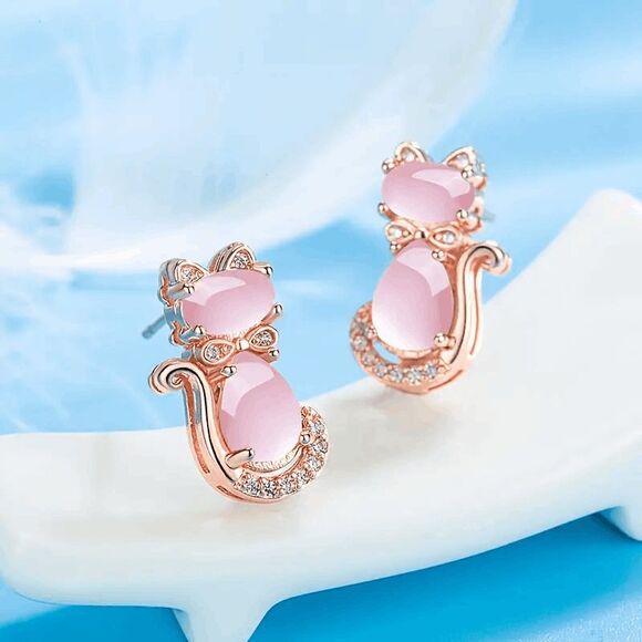 Diamond Pink Opal Cat Stud Earrings - Picture 2 of 6